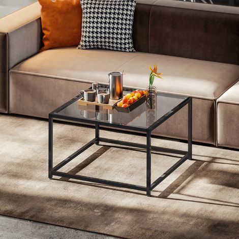 Beistelltisch Quadratisch Nachttisch mit Hartglas-Tischplatte, Couchtisch mit Beinen aus Stahl 68 x 68 x 39 cm Schwarz