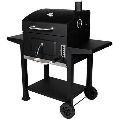 M&S – Barbecue au charbon FAR WEST – Cuve en acier émaillé 42,5 x 33 cm – 2 grilles de cuisson 28 x 42,5 cm – Chariot avec tablettes