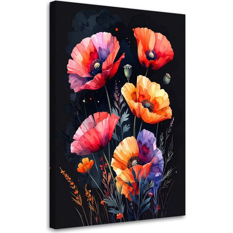 Toile Imprimée, Fleurs de coquelicots rouges sur fond noir,20x30 (1/4)