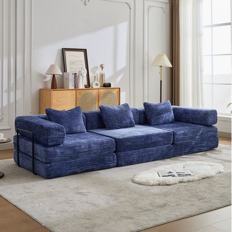 Sofá cama modular de chenilla, sofá de suelo plegable 300 x 100 x 63 cm, azul oscuro, MODENUIT (1/5)