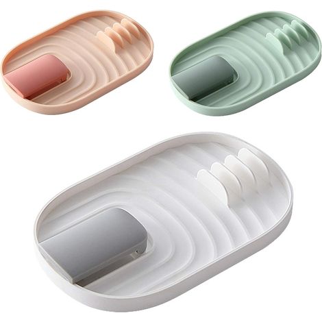 Plateau à ustensiles extra large en silicone, repose-cuillère résistant à la chaleur, porte-couverts, lot de 3, rose, vert et blanc (1/5)