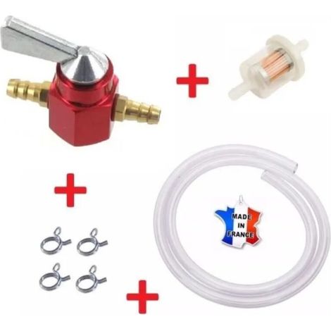 – Kit essence universel 5mm – 6mm avec robinet rouge, durite, filtre carburant et collier – Accessoire pour tondeuse