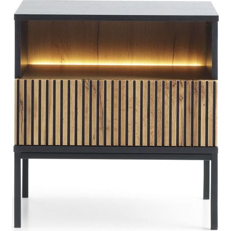 Comodino moderno con frontale scanalato, 54×56×39 cm, Nero / Rovere Wotan (1/5)