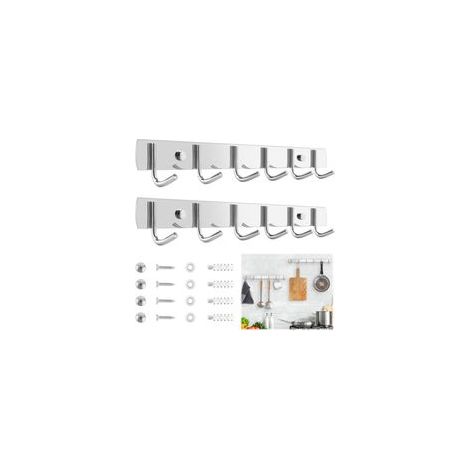 Lot de 2 crochets de cuisine avec 6 crochets, porte-manteau en acier inoxydable de 32 cm pour cuisine, salle de bain, salon et couloir. (1/5)