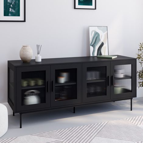 ZINEB Aparador 140 cm, 4 puertas de cristal, frente estriado negro