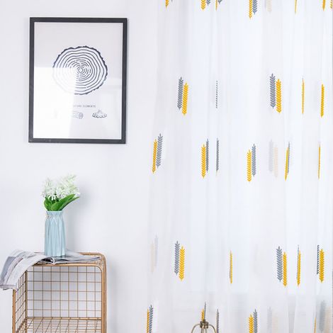 1 pièce Rideau court brodé occultant pour fenêtre, panneaux de store 1x2m (Gris+Blanc Jaune) (1/5)