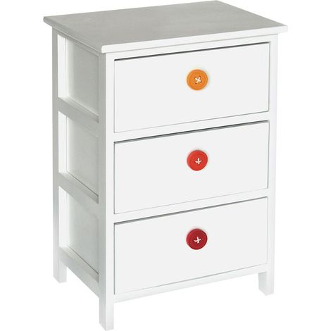 Cassetiera con 3 Cassetti in Legno Paulownia Bianco con Bottoni Colorati Fadi