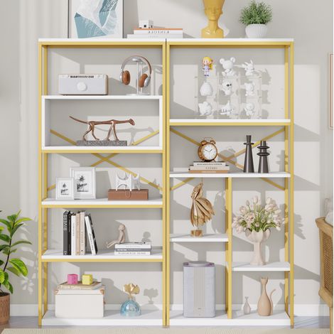 Scaffale in MDF e metallo oro/bianco 160 x 29,5 x 180 cm, design aperto multiripiano (1/5)