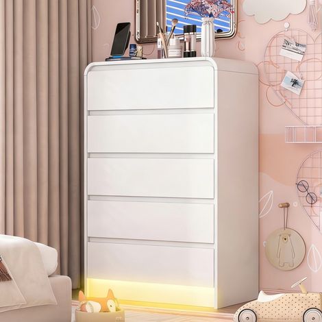 Commode 5 tiroirs blanc - Chiffonnier - tiroir sans poignée - Design bords arrondis -73x40x110 cm - Meuble de rangement pour chambre - Style moderne
