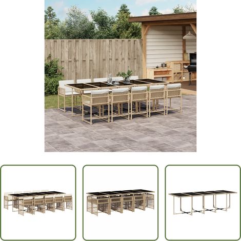 Gartenessgruppe - 11-tlg. Garten-Essgruppe mit Kissen Beige Poly Rattan (1/5)