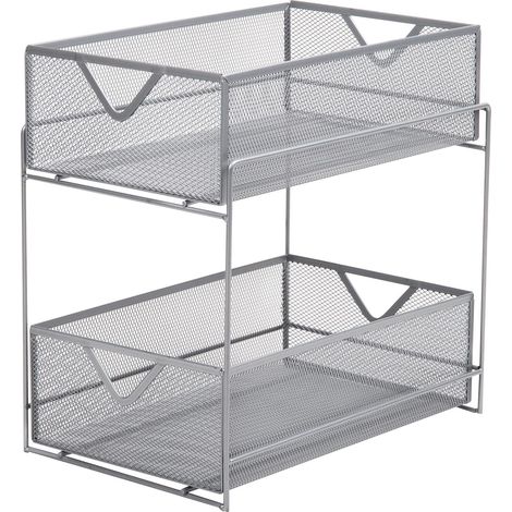 Panier de rangement coulissant à 2 niveaux pour cuisine, bureau, maquillage, armoire, maille métallique, argenté (1/5)