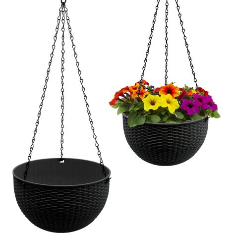 Blumenampel anthrazit in Rattan Optik 23 cm - 2er Set - Kunststoff Hängeampel mit Ablauf und Metallkette
