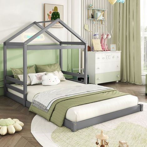 Lit Cabane Enfant 140x200cm Gris Bois de Pin avec Sommier - Lit Enfant - Forme Maison Design Minimaliste Robuste Sans Matelas (1/5)