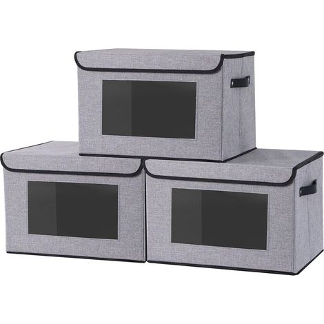 3er-Set Aufbewahrungsboxen aus Stoff, mit Deckel, Sichtfenster und Griff. Material: Leinen, Vliesstoff, Karton. Faltbar. Geeignet für Schlafzimmer und Kleiderschrank. Maße: 33 x 23 x 20 cm. (1/5)