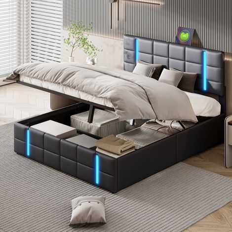 JOOKGBD-Polsterbett Doppelbett 140x200 cm, Jugendbett mit Hydraulischem Stauraum und LED-Kopfteil, USB-Ladefunktion, Lattenrost, PU, Schwarz