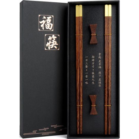 2 Paires Baguettes Chinoises pour Manger, Baguettes en Bois Lave-Vaisselle 25 cm Réutilisables avec Support, Coffret Cadeau pour Sushi, Ramen et Plats de Riz (1/5)
