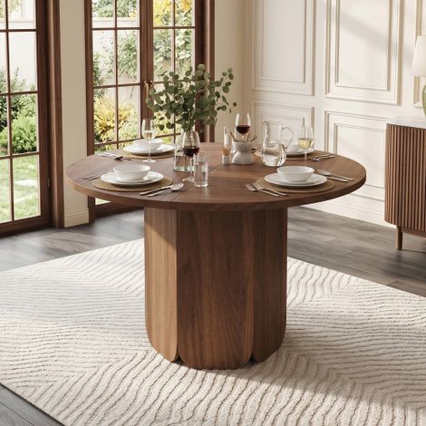 Table de salle à manger ronde (120 × 120 cm), pour 4 à 6 personnes  design classique mêlant style nordique minimaliste  robuste, résistante aux rayures et de haute qualité  finition noyer (chaises non (1/5)
