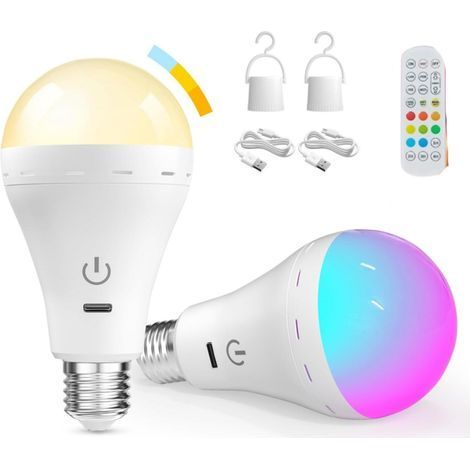 (2 Pack) Ampoule E27 Rechargeable USB avec Télécommande, RGB 10Températures de Couleur Ampoule LED Batterie Rechargeable Dimmable avec Fonction de Timing (1/3)