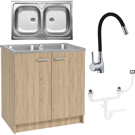 Küchenschrank 80 cm - Eiche Sonoma - 2-Bac-Spüle - Flexibler Wasserhahn - Praktisch und Elegant (1/5)
