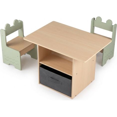 Set de table et chaises en bois pour enfants avec 2 compartiments ouverts - vert