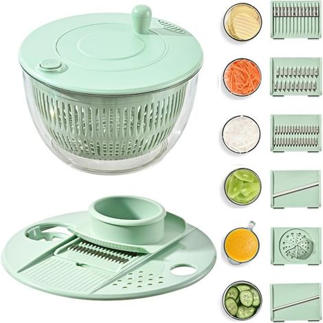 Essoreuse à salade et hachoir 2-en-1 - 6 lames interchangeables inox 420, bol sans BPA, 2 couvercles supplémentaires (1/5)