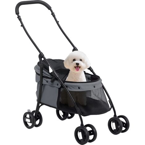 Petite poussette pour chien pliable avec fenêtres en maille, sangles de sécurité et cadre en acier gris, coussins lavables