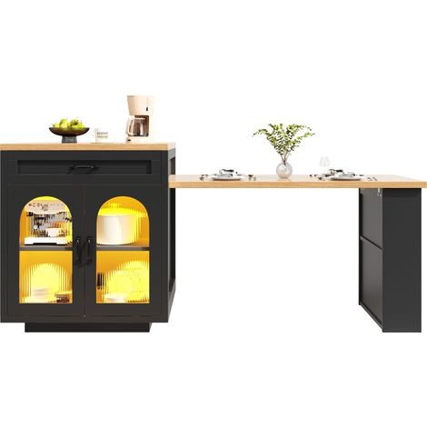 CAIziÎlot de cuisine extensible avec éclairage LED, meuble de cuisine moderne avec 2 tiroirs et étagères réglables, buffet avec portes vitrées rainurées, plan de travail en MDF pour l’espace repas (1/5)