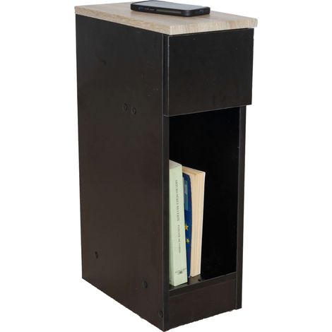 Mesita de Noche Slim para Dormitorio Estilo Industrial en Color Negro y Taupe con 1 Cajón y Hueco Abierto 60x35x24 cm