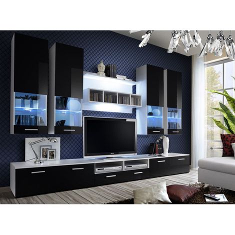 Ensemble meuble TV mural  - Dorade - L 100 cm - 5 éléments - Blanc et noir - Livraison gratuite