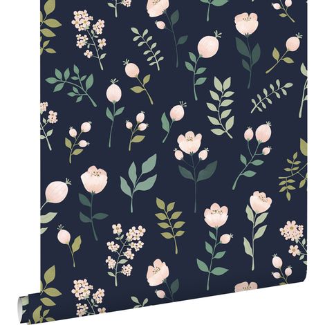 papier peint fleurs bleu foncé, rose et vert - ESTAhome (1/5)