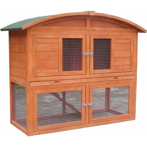 Melko – Clapier pour petits animaux en bois avec enclos extérieur – Dimensions 120 x 56 x 98 cm – 2 étages avec rampe et toit rond – 4 portes pour accès facile (1/5)