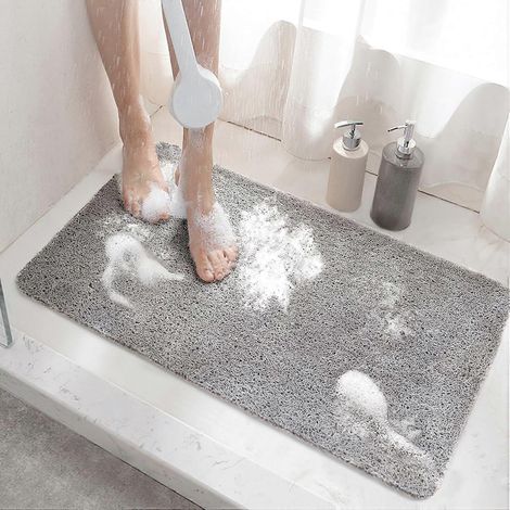 Tapis de douche antidérapant, 60 x 40 cm, tapis de baignoire antidérapant avec bonde, tapis de bain en PVC souple, gris (1/5)
