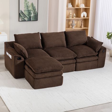 Sofá modular de 3 plazas de pana con puf, cojines y bolsillos laterales, marrón (1/5)