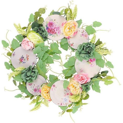 Couronnes artificielles, guirlandes, panneau en bois, couronne en porcelaine à fleurs blanches, décoration (1/4)