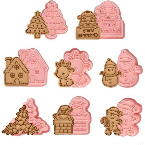 Set di 8 formine per biscotti natalizie - Pupazzo di neve, albero di Natale, Babbo Natale, renna, omino di pan di zenzero - Decorazioni per dolci e torte (1/4)