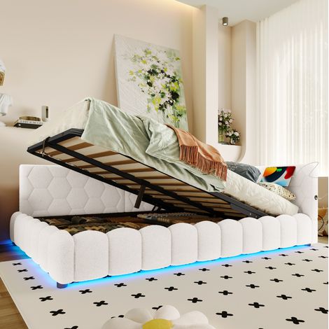 Daybett 140/200 cm weiß aus Vliesimitat mit LED-Lichtleiste und Stauraum (1/5)