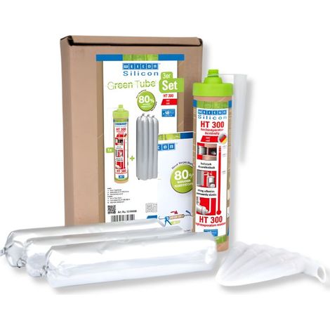 Set di sigillante siliconico WEICON Green Tube HT 300 per alte temperature, colore rosso, 3 tubetti vuoti da 280 ml e 6 ugelli. (1/3)
