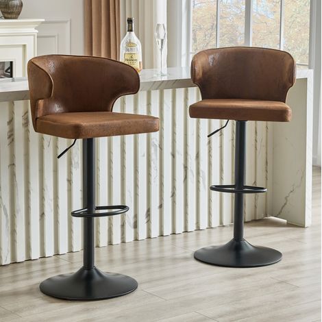 Taburete de bar con respaldo, asiento giratorio 360°, altura regulable, base de 45 cm, tela marrón (1/5)