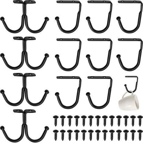 12 Pièces Porte-Tasses Suspendue, Crochet Tasse Suspendue en Métal avec Vis, Crochets de Rangement Noirs pour Tasses, Vêtements, Chapeaux, Cravates et Pots de Fleurs (8 Simples + 4 Doubles) (1/5)