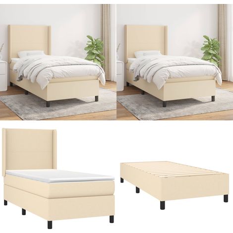 Cama box spring con colchón tela color crema 90x200 cm - Colchón de muelles - Cama de muelles