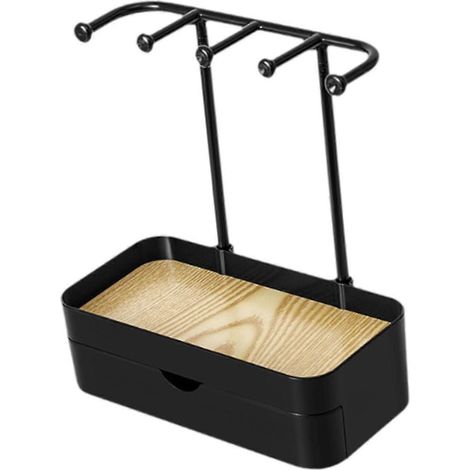Schmuckständer mit Schublade, Holztablett, 5 Haken, Schmuckturm für Kommode und Vitrine-Black (1/5)