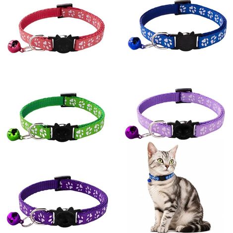 5 Colliers Chat Anti Étranglement en Nylon Réglables 19-32 cm avec Motif Patte et Clochette – Multicolores pour Chat et Petit Chien (1/5)