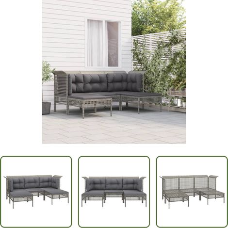 Gartenmöbel - 5-tlg. Garten-Lounge-Set mit Kissen Grau Poly Rattan (1/5)