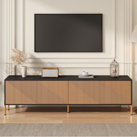 Meuble TV 179 x 35 x 53,5 cm, 4 portes, structure en panneaux de particules, noir et naturel HAVRYA (1/5)