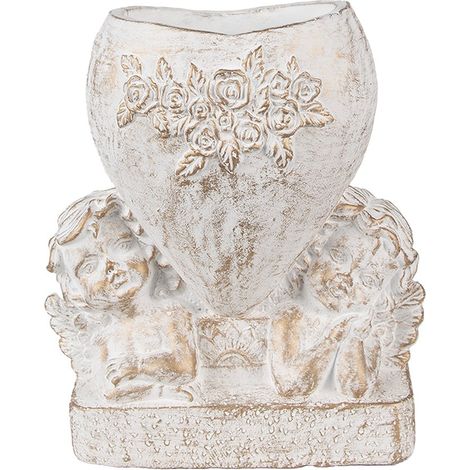 Pot de Fleurs Décoratif Cœur avec Motif Ange en Pierre Blanche 23 x 13 x 25 cm - PANGIVO