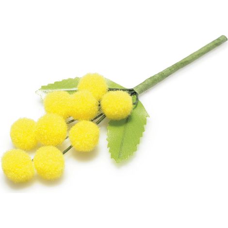 Rametto di mimosa artificiale con fiore in floccato, ideale per confezioni floreali e allestimenti tematici, set da 50 pezzi, cm 5 H (con gambo 9,5)