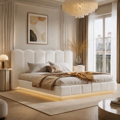 Cama doble tapizada 180x200 cm con somier, arcón hidráulico, LED, blanco Bouclé (1/5)