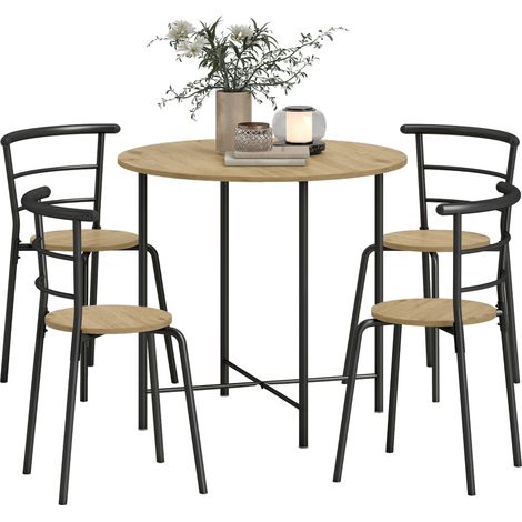 5 pièces ronde, 4 chaises, bois métal, noir, industriel gain place, salon, cuisine, Table salle à manger (1/5)