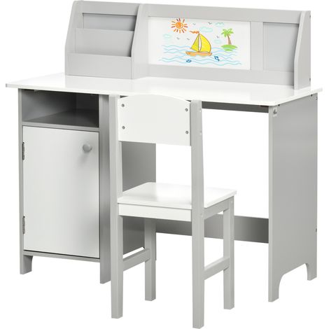 Kindertisch- und Stuhlset mit Whiteboard – Schreibtisch für Kinder ab 5 Jahren – 90 x 45 x 85 cm (L x B x H), Grau