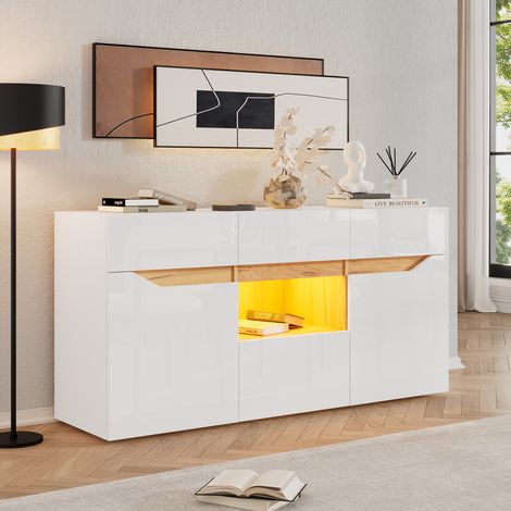 Buffet Enfilade LED 140x40x70 cm Bahut Meuble Salon avec 4 Tiroirs, 2 Portes et Rangements Ouverts - Blanc Brillant